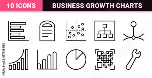 Minimalist business analytics and financial data graph line icons.