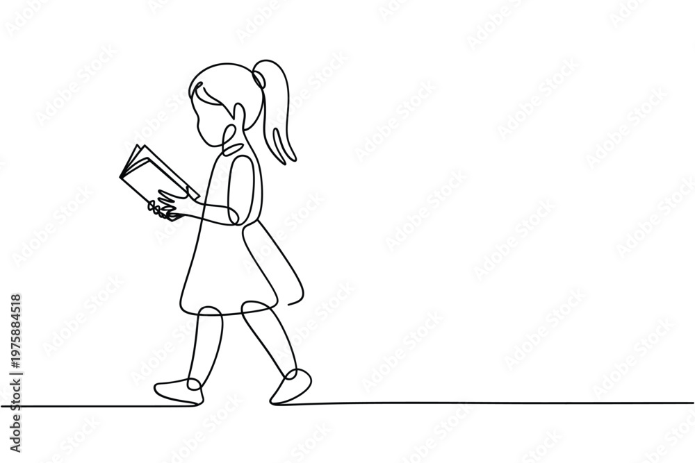 Fototapeta premium Continuous line drawing of a young girl engrossed in reading a book