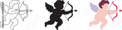 Cupid icon with bow and arrow, outline, solid, and color styles, romantic vector symbol, Valentine’s Day, love, dating, wedding, relationship design