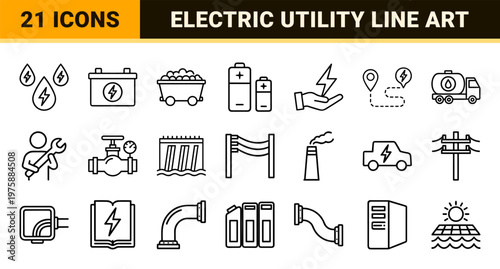 Energy and power thin line icons for renewable and industrial utility