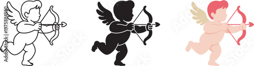 Cupid icon with bow and arrow, outline, solid, and color styles, romantic vector symbol, Valentine’s Day, love, dating, wedding, relationship design