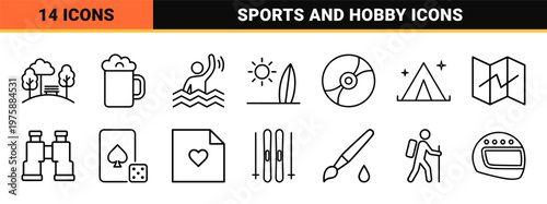 Minimalist recreation and sports thin line icon set