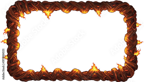 A fiery rope border frame with flames isolated on a white background for graphic design use.