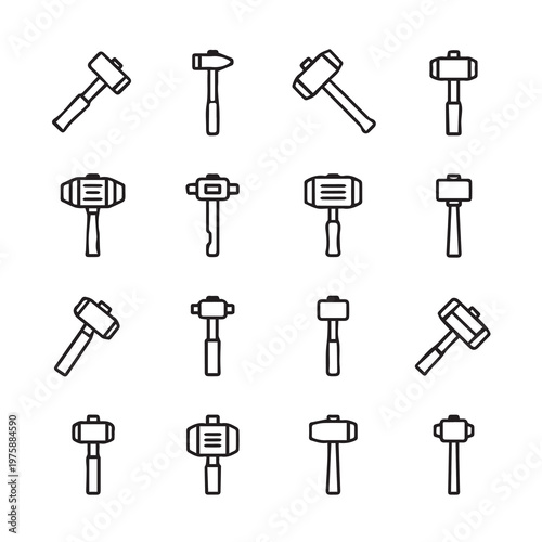 Collection of various sledgehammer icons in a simple line art style on a white background