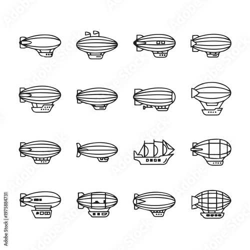 Collection of vintage airship and sailing ship outline illustrations with grunge texture on white background