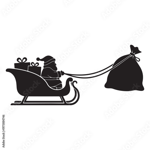 Santa claus in sleigh with gifts and bag, delivery