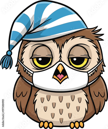 A cute cartoon owl wearing a blue and white striped hat and looking adorable.