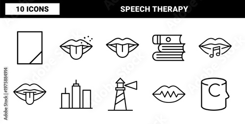 Speech therapy and education line icons with mouth shapes and head silhouettes