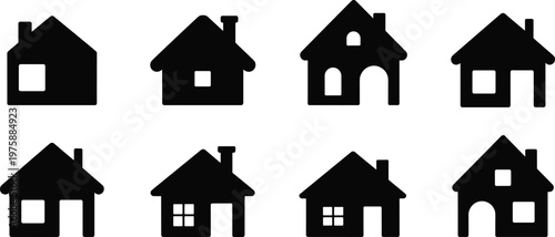 Collection of eight black house icons with different architectural details on white background Keywords: house, home, building