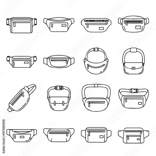 Collection of waist bag and fanny pack line art icons in a clean modern graphic style