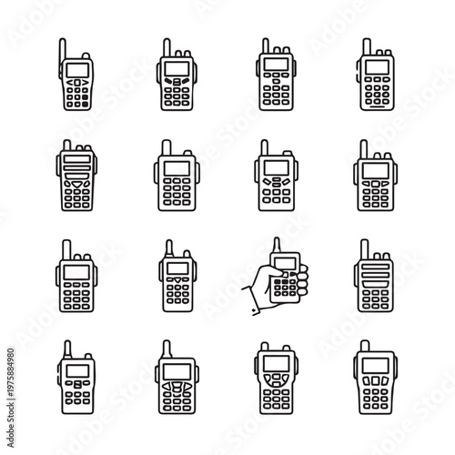 Collection of walkie-talkie icons in a clean line art style on a white background