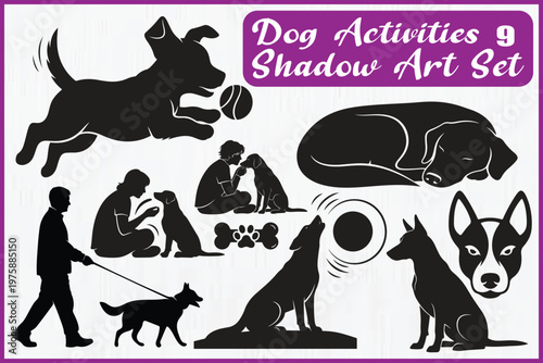 Dog Activities Shadow Art Set Silhouette Collection