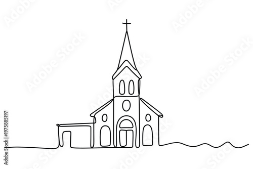 Minimalist line drawing of a church with a wavy ground line