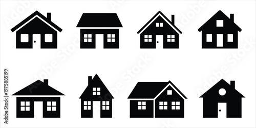 Eight black house icons with varied window and door configurations on white background Keywords: house, home, building, icon