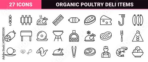 Butcher shop and organic meat line icons set