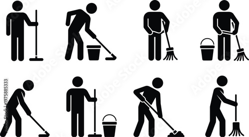 Eight Black Silhouettes of People Cleaning with Mops and Buckets cleaner janitor