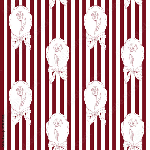 Elegant tulip buds and blooming flowers in a frame with a bow on a striped background, hand-drawn with simple lines that create a beautiful and delicate seamless floral background pattern.