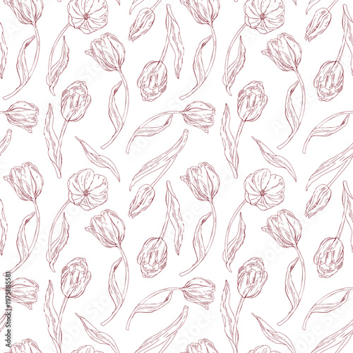 Elegant tulips drawn by hand with simple lines that create a beautiful and delicate seamless floral background pattern.