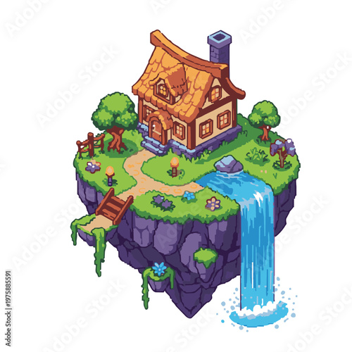  A pixel art isometric floating island house waterfall magical fantasy nature landscape
