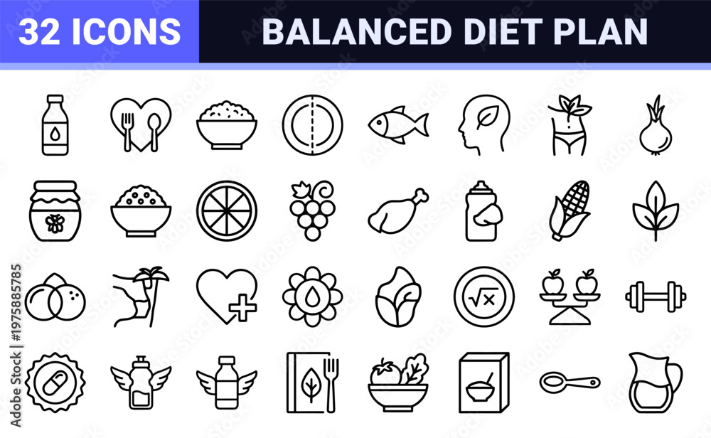 Naklejka premium Nutrition and diet icon set in minimalist black line art style