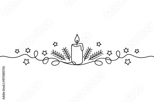 Minimalist line drawing of a candle with decorative stars and foliage