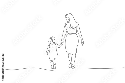 A single line drawing of a mother and child walking together