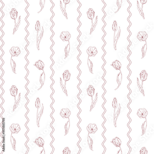 Elegant tulip buds and blooms, a beautiful wavy line, diamonds, all drawn by hand with simple lines that create a beautiful and delicate seamless floral background pattern.