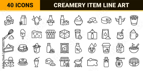 Minimalist dairy and milk icon set with cheese and butter line art