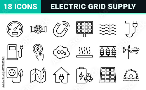 Energy and power line icons for industrial and renewable electricity themes.