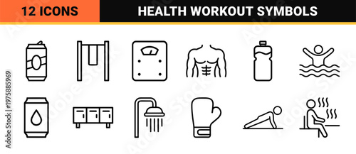 Minimalist gym and fitness outline icon set for workout and health tracking.