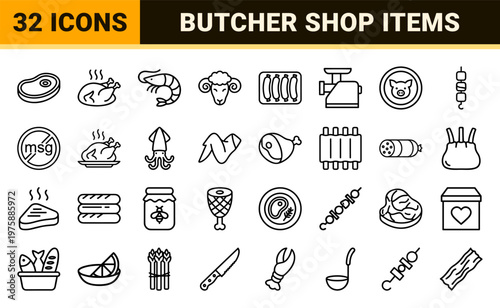 Minimalist meat and butchery outline icon set