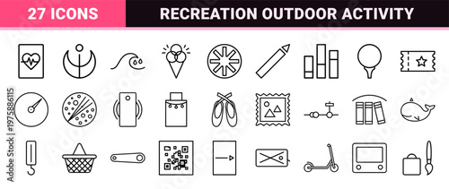 Minimalist recreation and hobby outline icon set for leisure and sports projects.