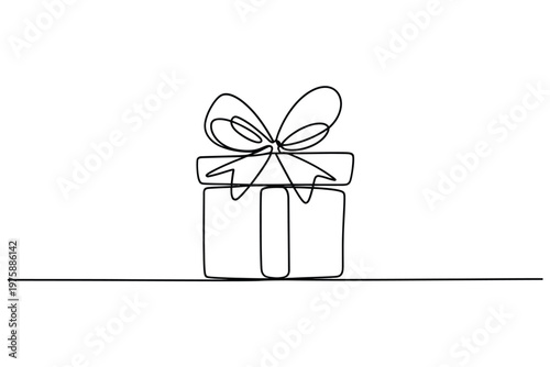 Minimalist line drawing of a gift box with a bow on a white background