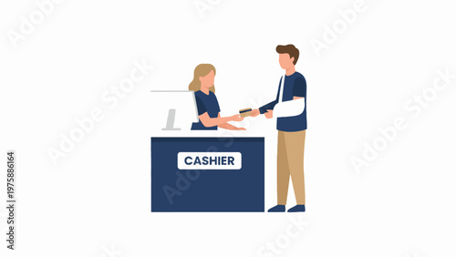 Patient with arm cast paying medical bill at hospital cashier