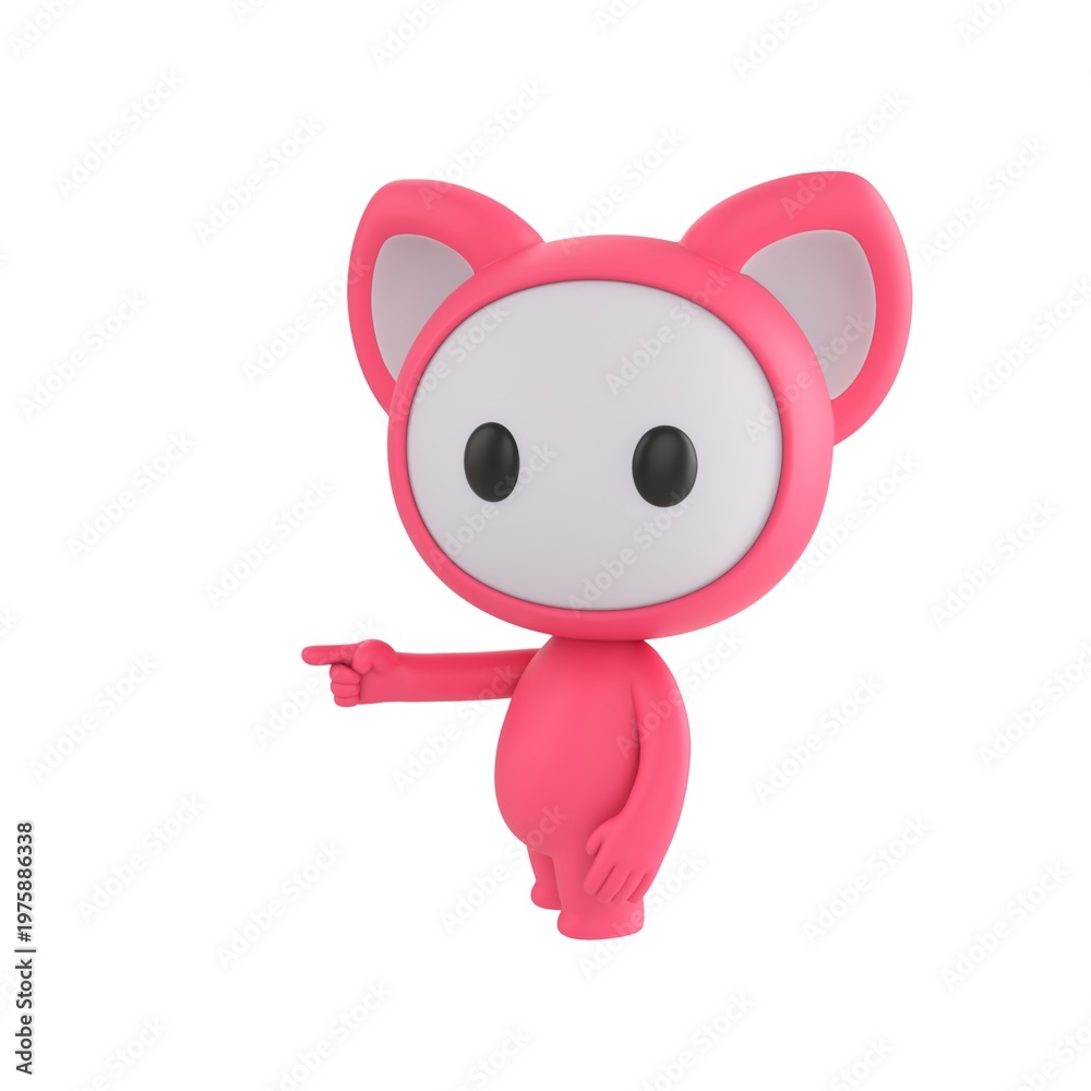 Fototapeta premium Cute 3D render Pink Monster character pointing to the side while facing the camera, one hand relaxed at the side, friendly and confident mascot style, isolated on white background.
