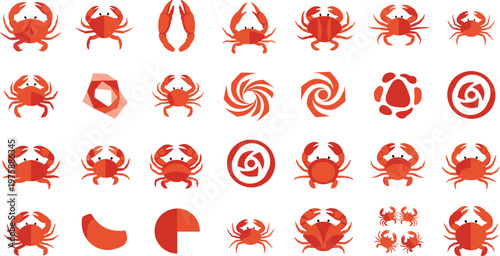 Crab Vector Set Red Marine Animal Collection Silhouette Style Illustration