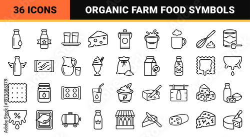 Dairy product and milk line icons set on white background