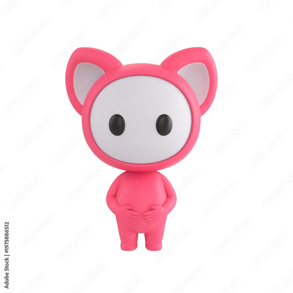 Fototapeta premium Cute 3D render Pink Monster character standing politely with both hands gently placed on the stomach, calm and respectful posture, friendly mascot style, isolated on white background.