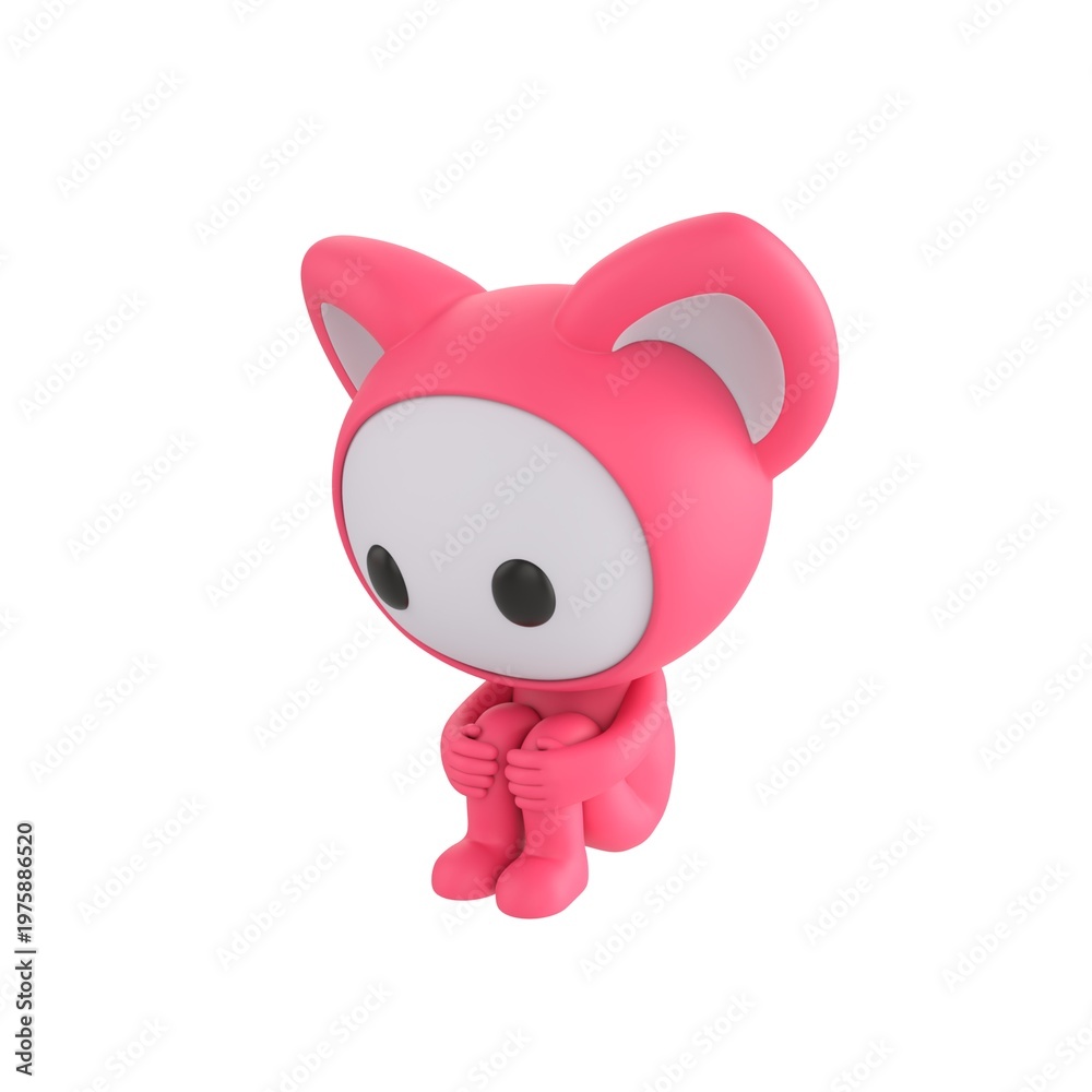 Fototapeta premium Cute 3D render Pink Monster character sitting on the floor hugging knees. Isolated on a clean white background.