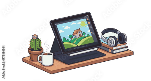 A pixel art drawing tablet digital workspace desk stylus pen illustration setup.