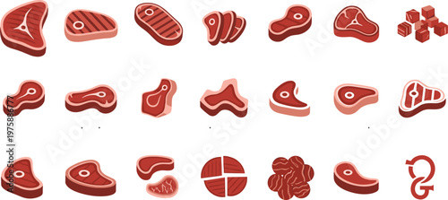 Raw Meat Cuts Vector Set Beef Steak Butcher Pieces Collection Illustration