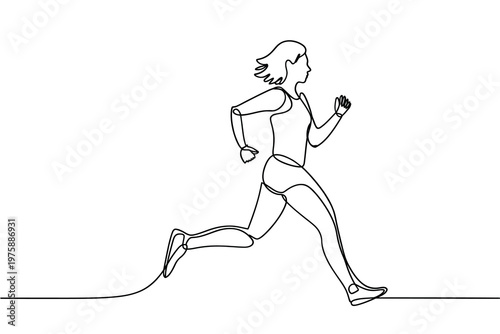 A continuous line drawing depicts a woman actively running forward