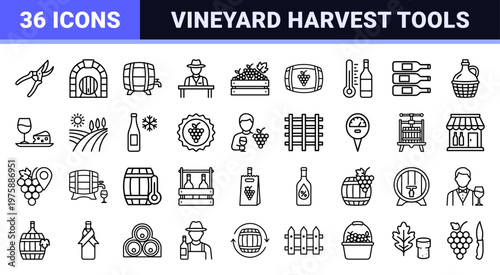 Professional winemaking and wine cellar outline icon set