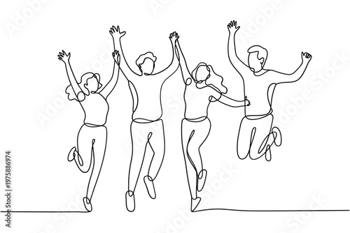 Joyful group of people jumping and celebrating with raised arms