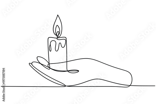 A single line drawing of a hand holding a lit candle