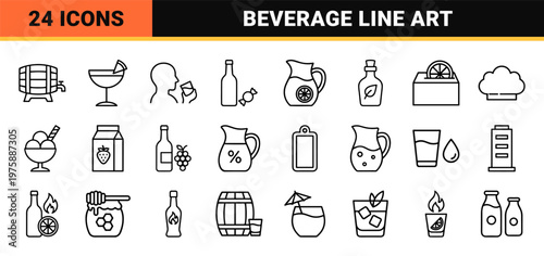 Minimalist beverage and drinks icon set in outline style