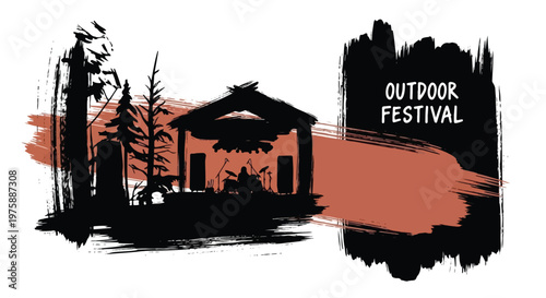 Outdoor Festival Event Banner with Band Silhouette, Rustic Pine Trees, and Terracotta Brushstroke