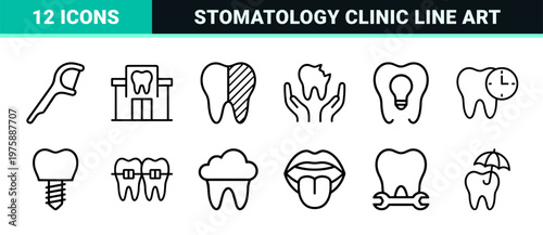 Minimalist dental care and oral health line icons for dentistry clinics