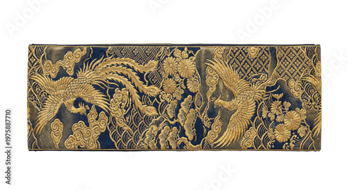 Fényképezés Golden phoenix and cloud pattern on navy blue silk obi