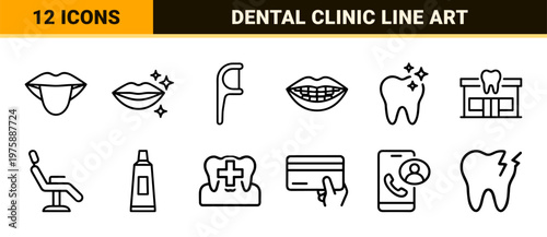 Minimalist dental clinic and oral health line icons set